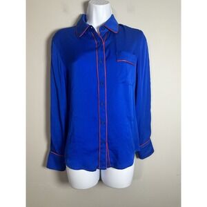 Piamita Cobalt Blue Silk Pajama‎ Blouse with Red Piping - Size XS